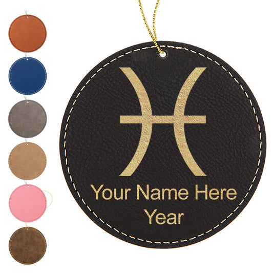 LaserGram Christmas Ornament, Zodiac Sign Pisces, Personalized Engraving Included (Faux Leather, Round Shape)