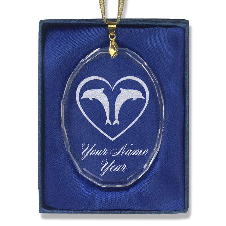LaserGram Christmas Ornament, Dolphin Heart, Personalized Engraving Included (Oval Shape)