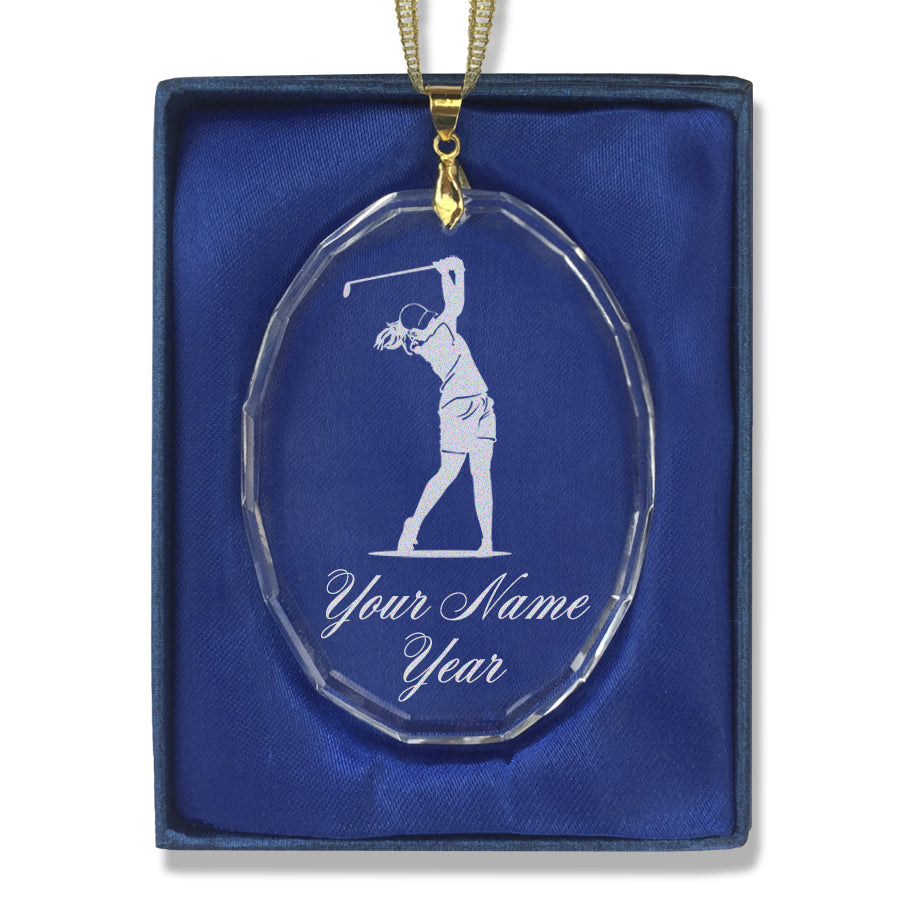 LaserGram Christmas Ornament, Golfer Woman, Personalized Engraving Included (Oval Shape)