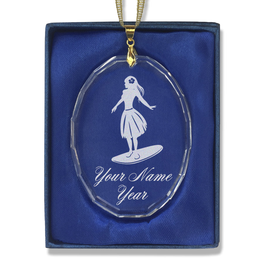 LaserGram Christmas Ornament, Hawaiian Surfer Girl, Personalized Engraving Included (Oval Shape)