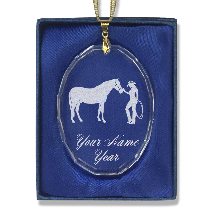 LaserGram Christmas Ornament, Horse and Cowgirl, Personalized Engraving Included (Oval Shape)