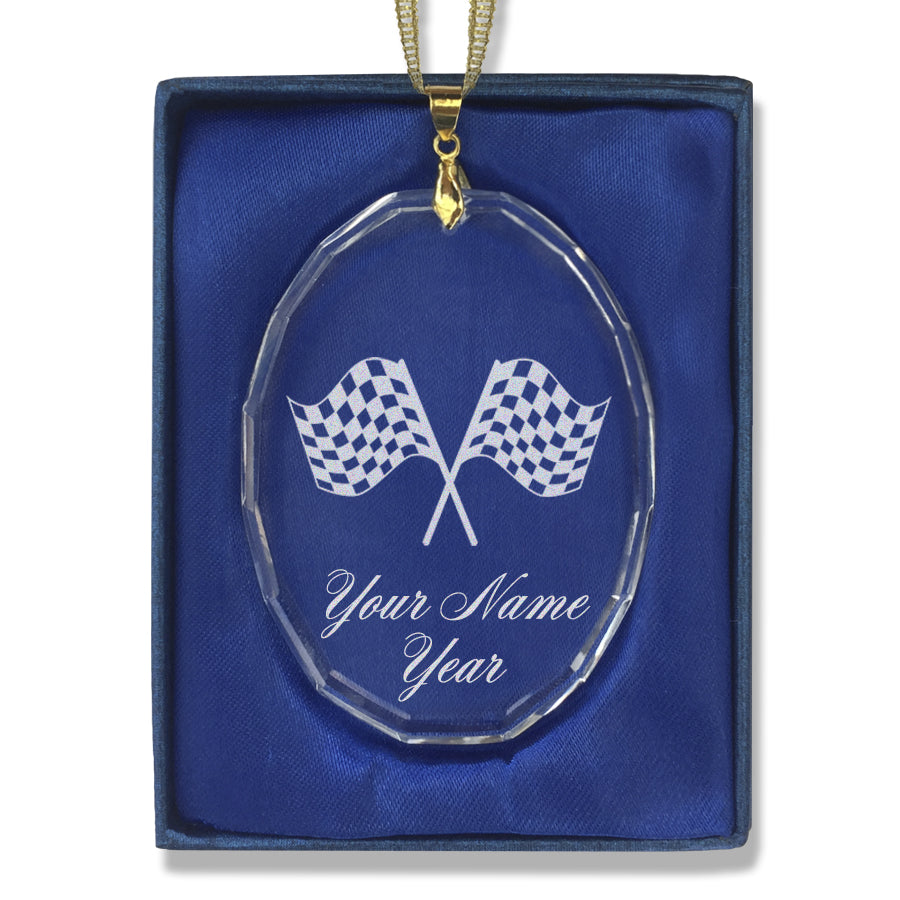 LaserGram Christmas Ornament, Racing Flags, Personalized Engraving Included (Oval Shape)