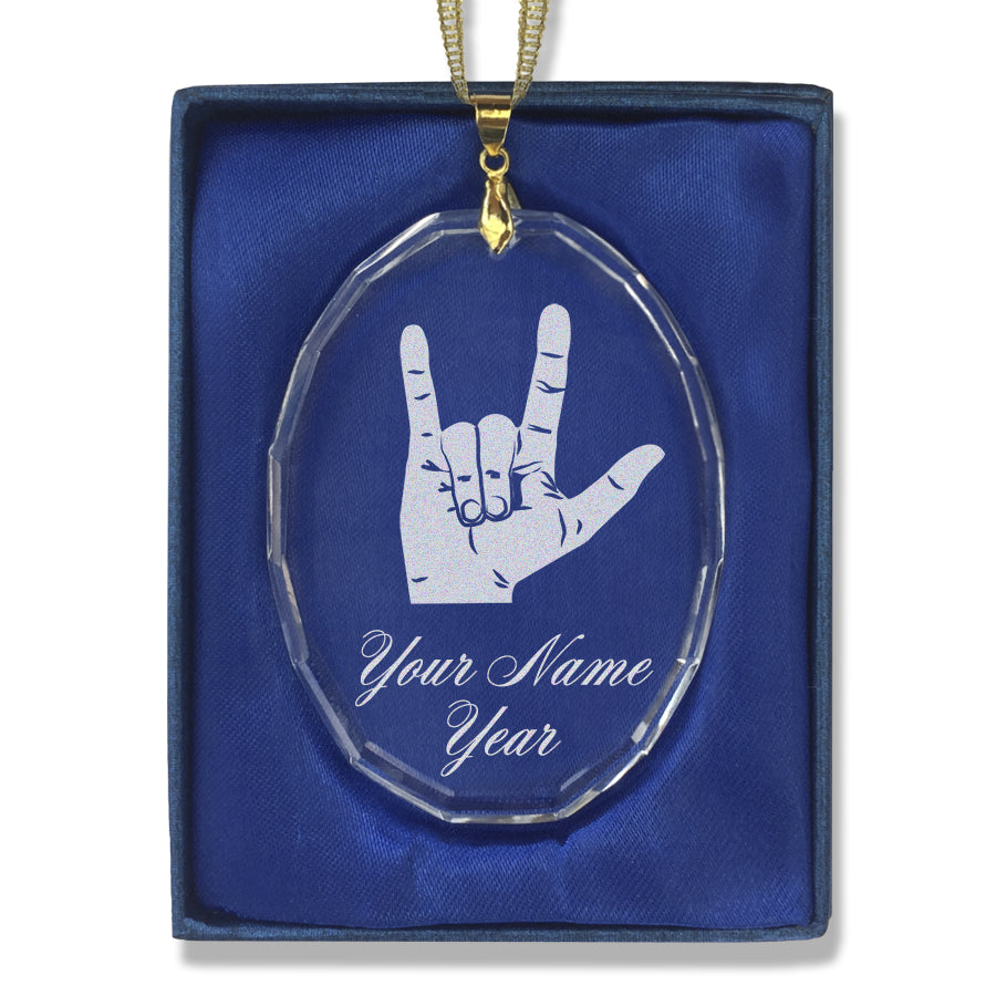 LaserGram Christmas Ornament, Sign Language I Love You, Personalized Engraving Included (Oval Shape)