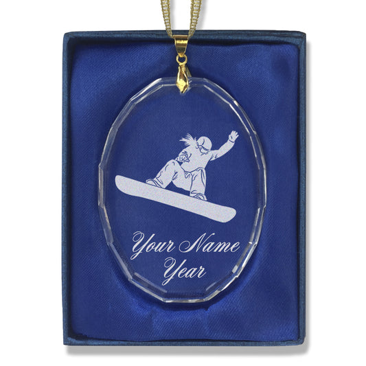 LaserGram Christmas Ornament, Snowboarder Woman, Personalized Engraving Included (Oval Shape)