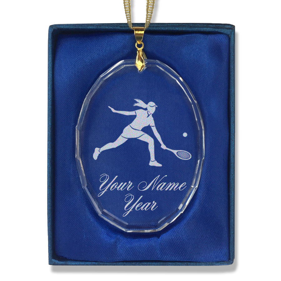 LaserGram Christmas Ornament, Tennis Player Woman, Personalized Engraving Included (Oval Shape)
