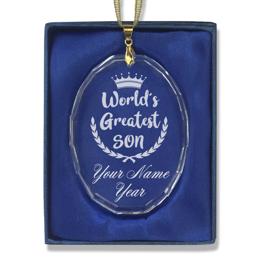 LaserGram Christmas Ornament, World's Greatest Son, Personalized Engraving Included (Oval Shape)