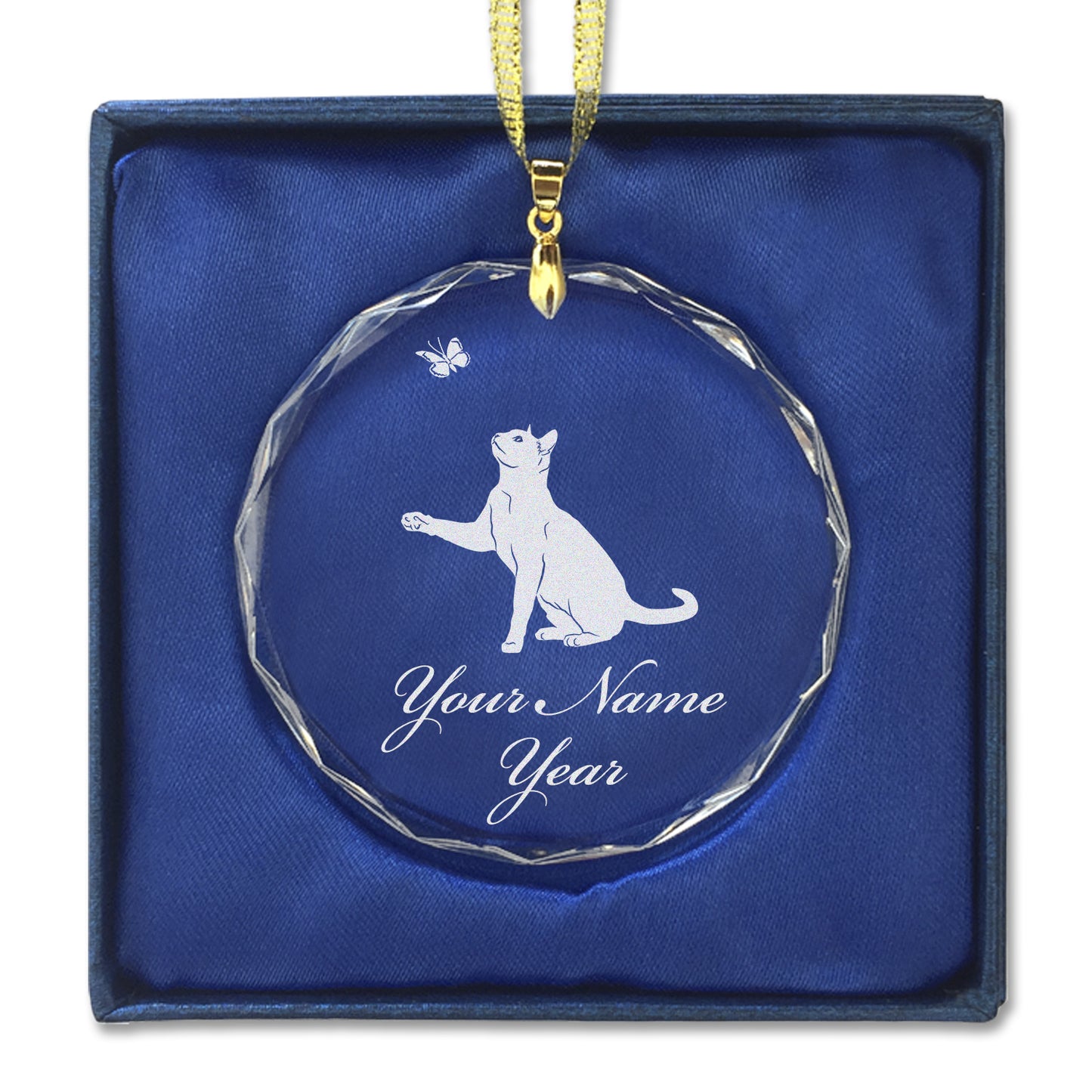 LaserGram Christmas Ornament, Cat with Butterfly, Personalized Engraving Included (Round Shape)