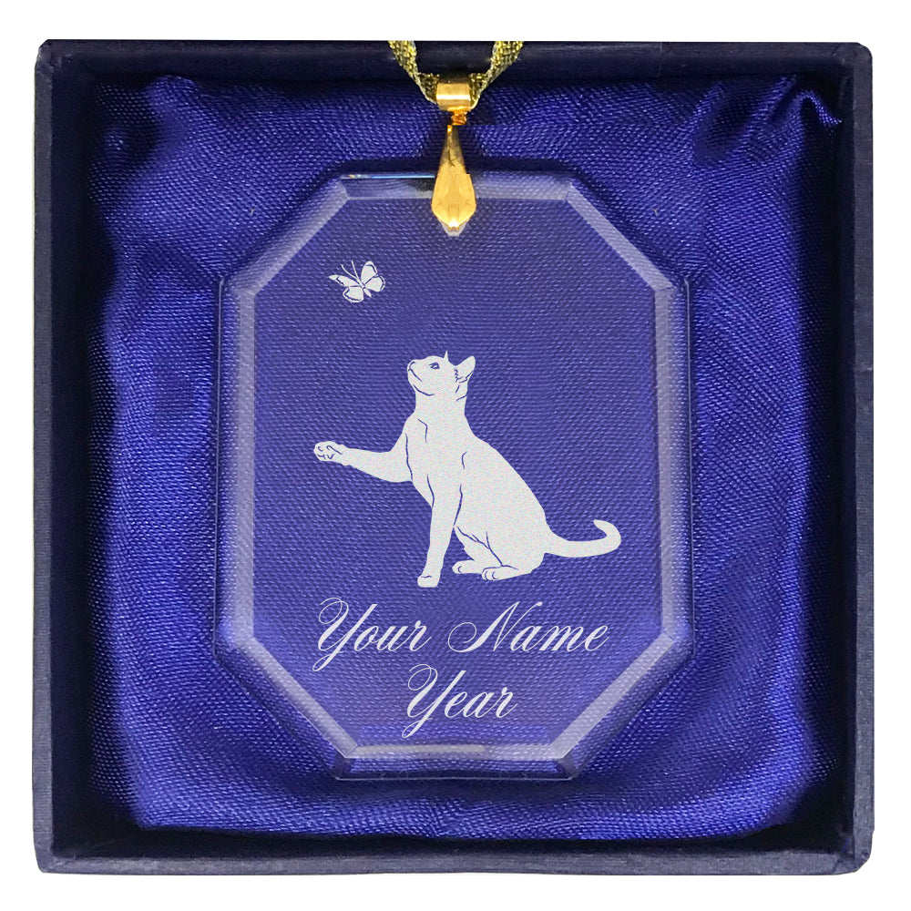 LaserGram Christmas Ornament, Cat with Butterfly, Personalized Engraving Included (Rectangle Shape)