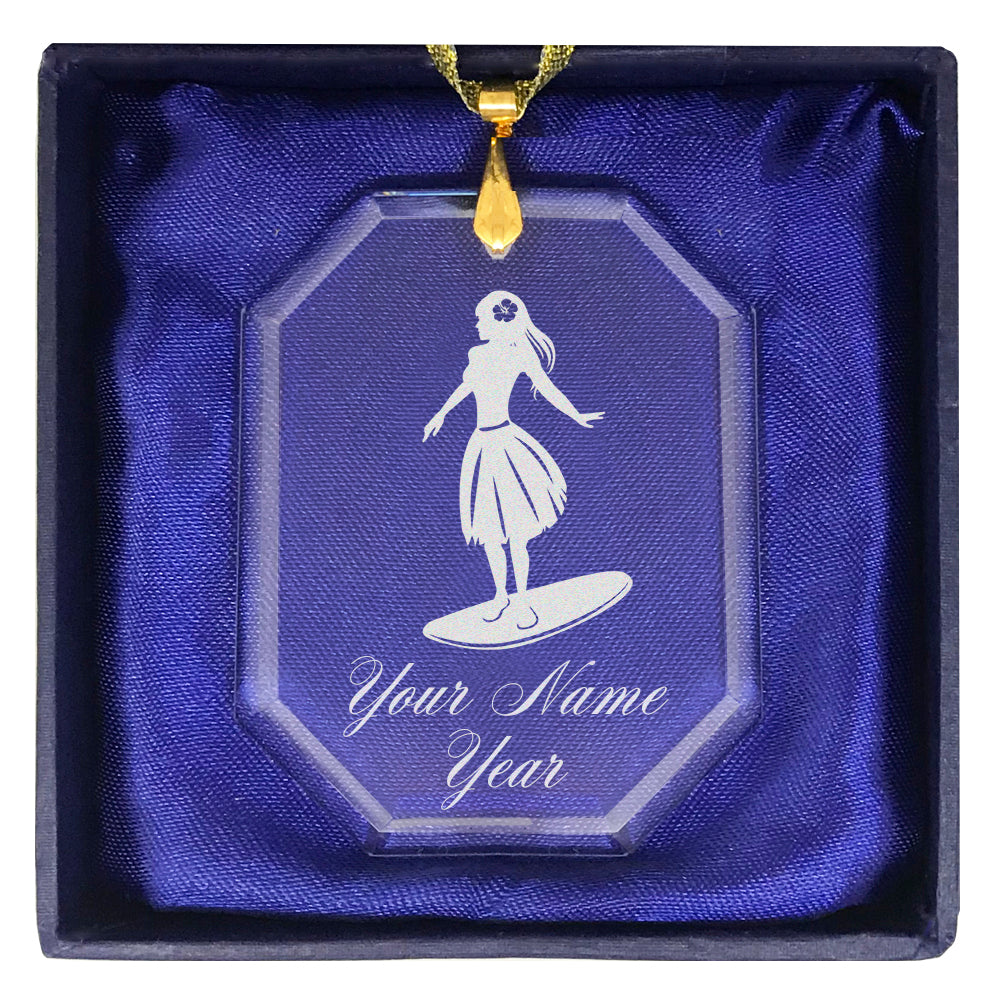 LaserGram Christmas Ornament, Hawaiian Surfer Girl, Personalized Engraving Included (Rectangle Shape)