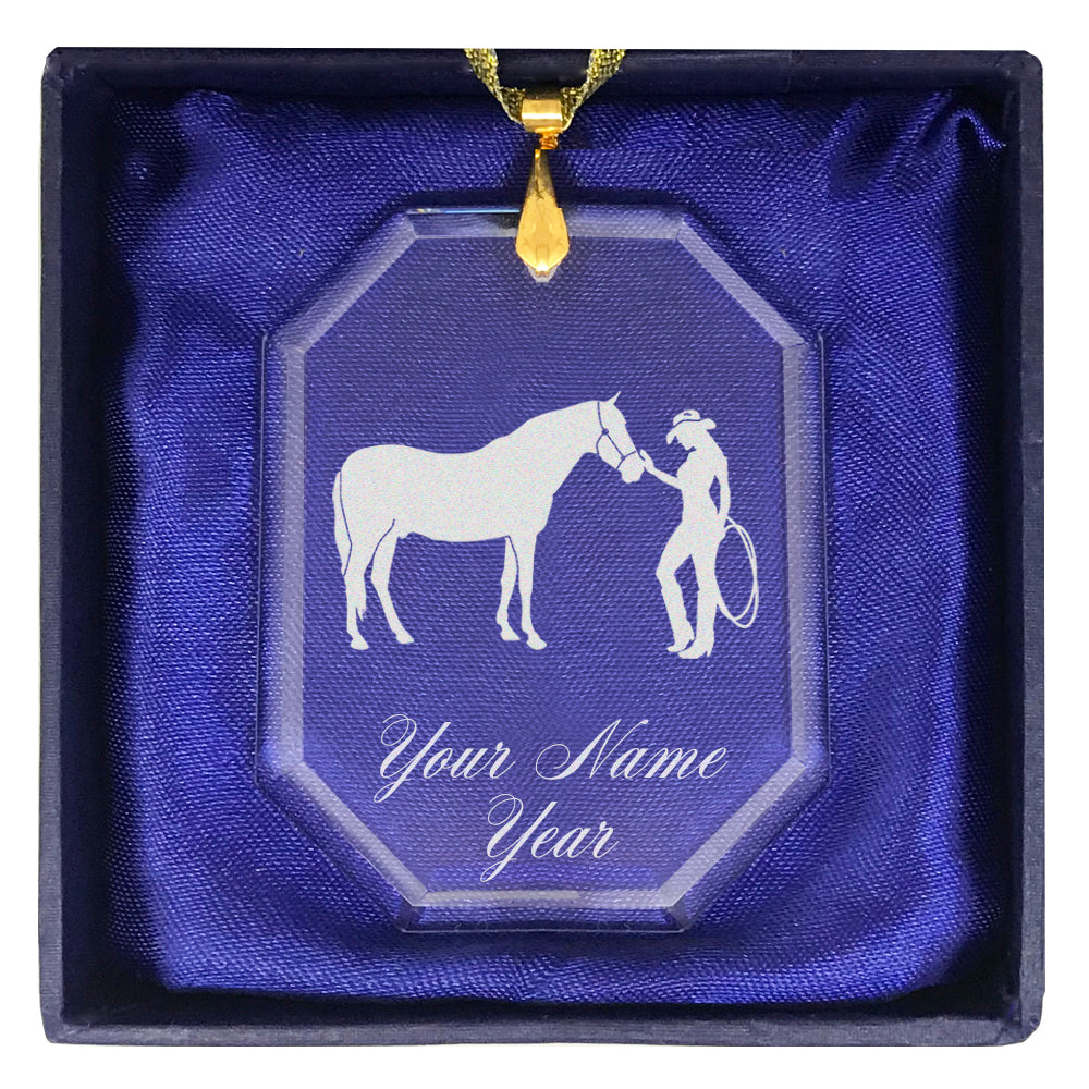 LaserGram Christmas Ornament, Horse and Cowgirl, Personalized Engraving Included (Rectangle Shape)