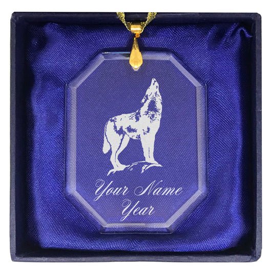LaserGram Christmas Ornament, Howling Wolf, Personalized Engraving Included (Rectangle Shape)