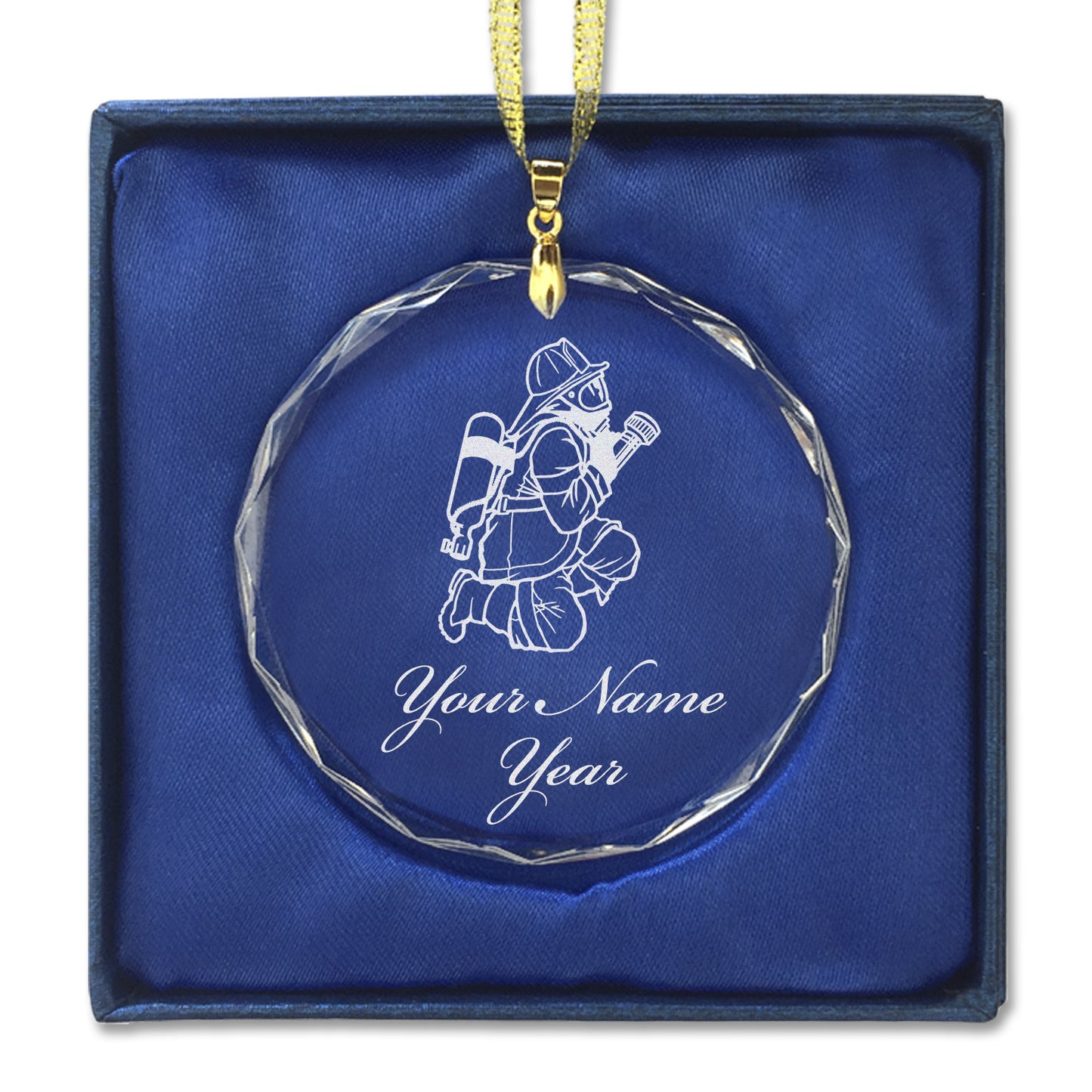 LaserGram Christmas Ornament, Fireman with Hose, Personalized Engraving Included (Round Shape)