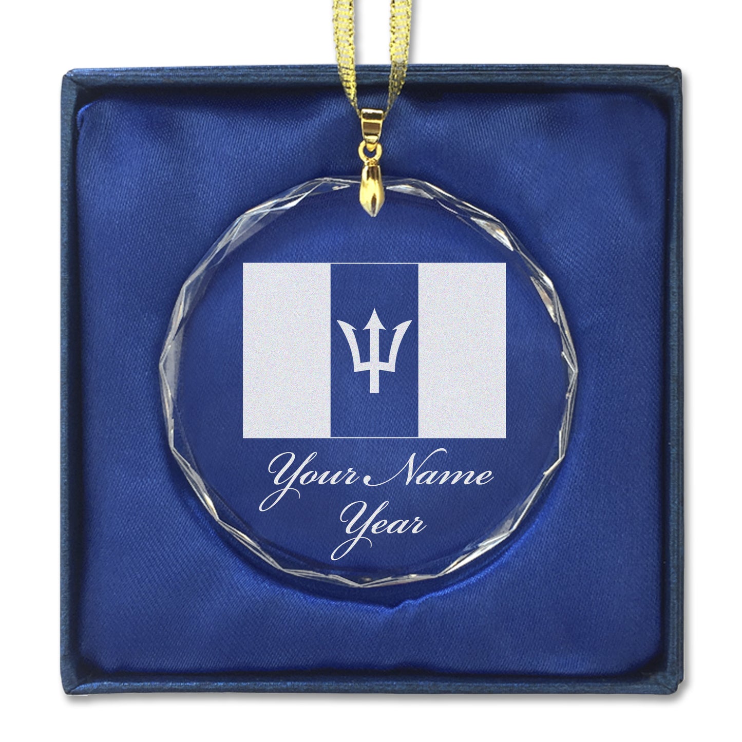 LaserGram Christmas Ornament, Flag of Barbados, Personalized Engraving Included (Round Shape)