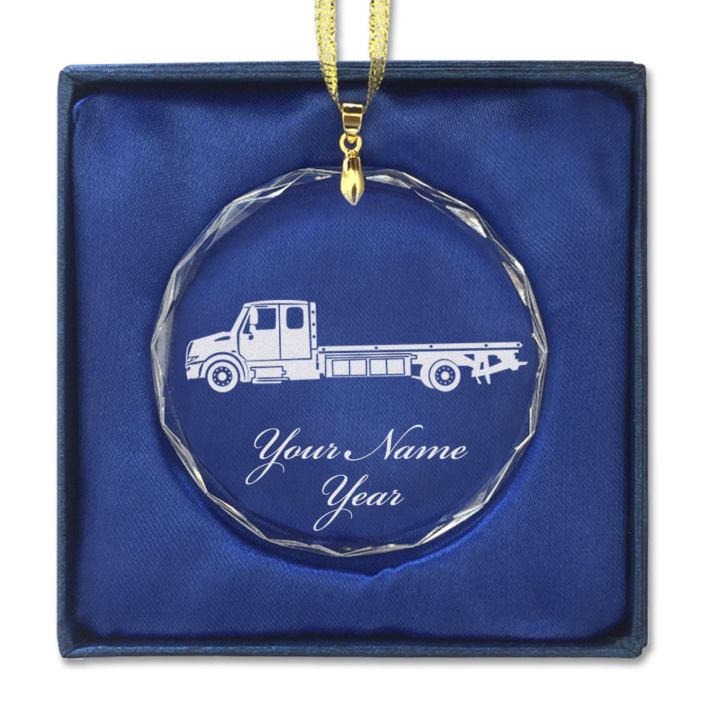 LaserGram Christmas Ornament, Flat Bed Tow Truck, Personalized Engraving Included (Round Shape)