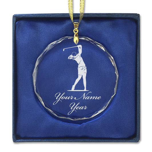 LaserGram Christmas Ornament, Golfer Woman, Personalized Engraving Included (Round Shape)