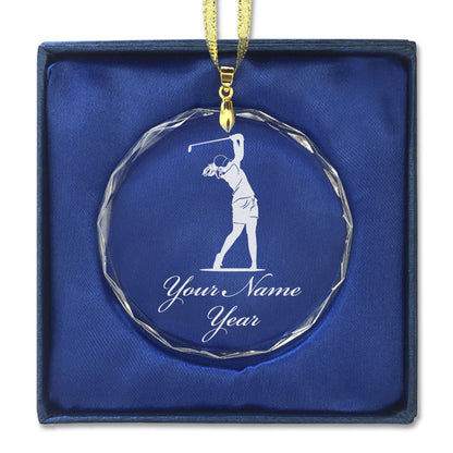 LaserGram Christmas Ornament, Golfer Woman, Personalized Engraving Included (Round Shape)