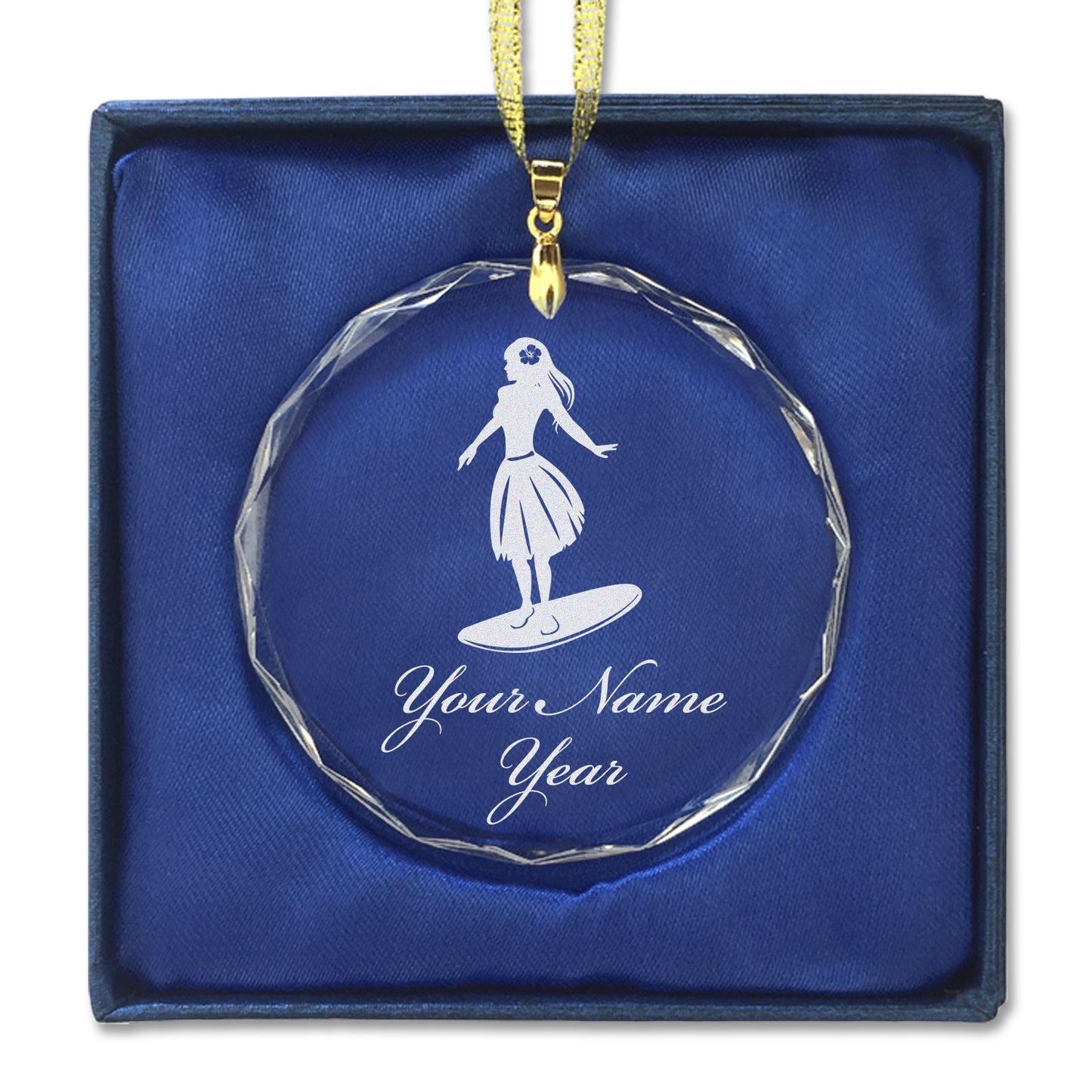 LaserGram Christmas Ornament, Hawaiian Surfer Girl, Personalized Engraving Included (Round Shape)