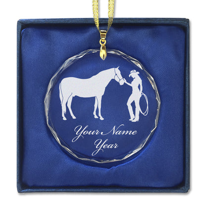 LaserGram Christmas Ornament, Horse and Cowgirl, Personalized Engraving Included (Round Shape)