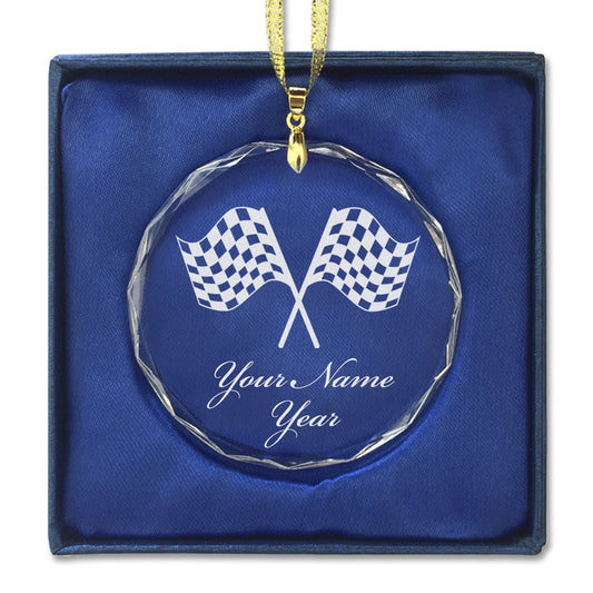 LaserGram Christmas Ornament, Racing Flags, Personalized Engraving Included (Round Shape)