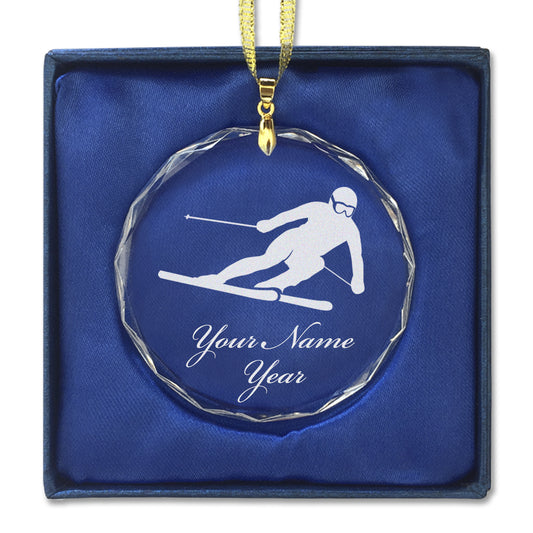 LaserGram Christmas Ornament, Skier Downhill, Personalized Engraving Included (Round Shape)