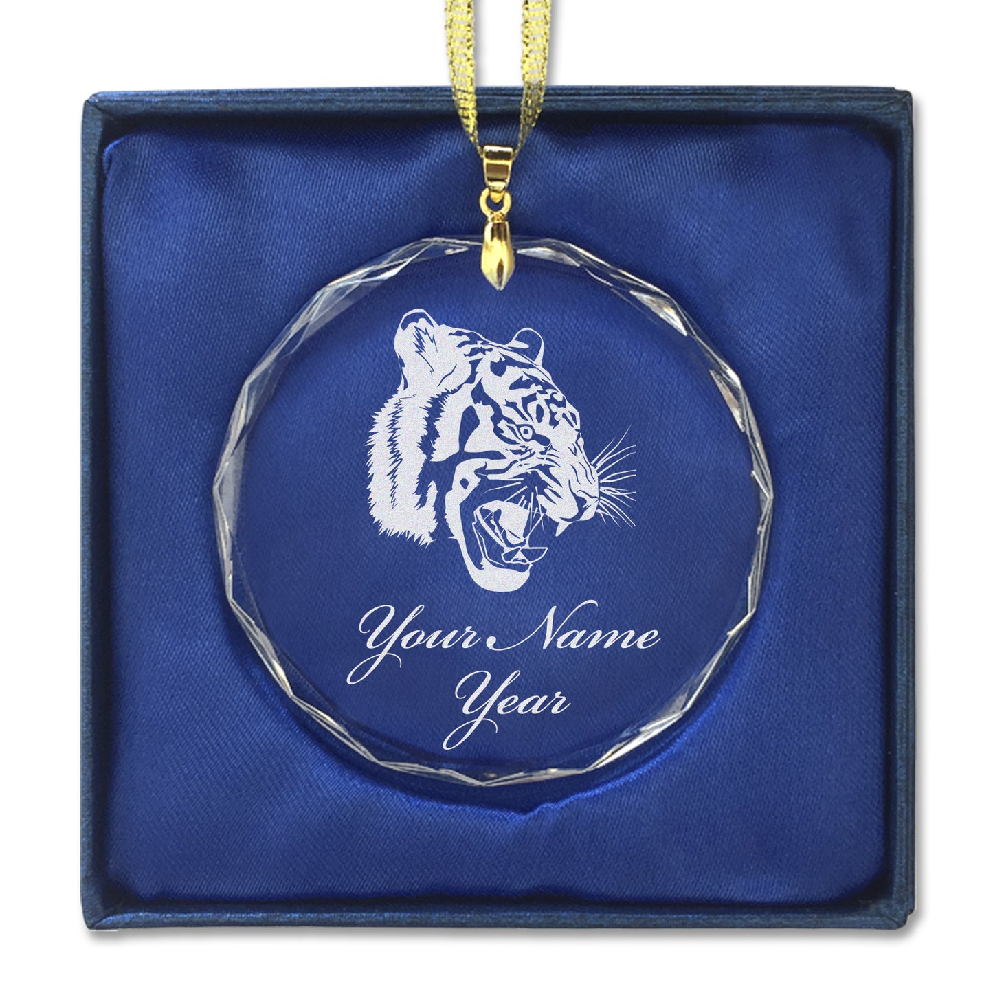 LaserGram Christmas Ornament, Tiger Head, Personalized Engraving Included (Round Shape)