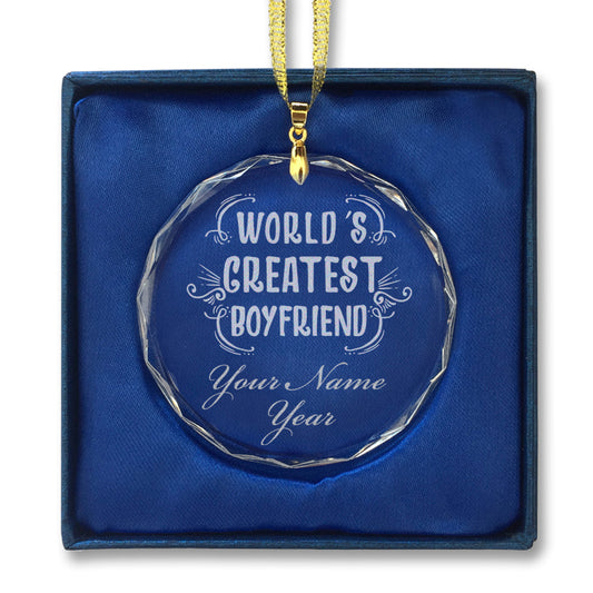 LaserGram Christmas Ornament, World's Greatest Boyfriend, Personalized Engraving Included (Round Shape)