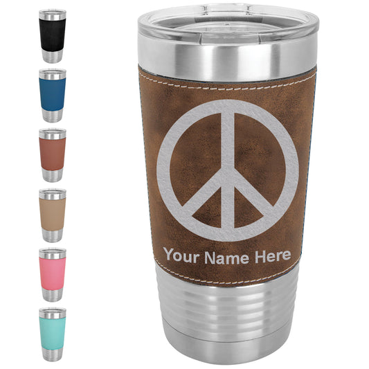 20oz Faux Leather Tumbler Mug, Peace Sign, Personalized Engraving Included - LaserGram Custom Engraved Gifts