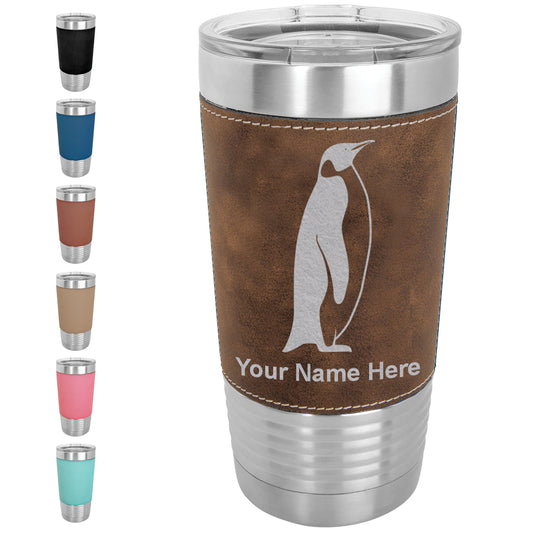 20oz Faux Leather Tumbler Mug, Penguin, Personalized Engraving Included - LaserGram Custom Engraved Gifts