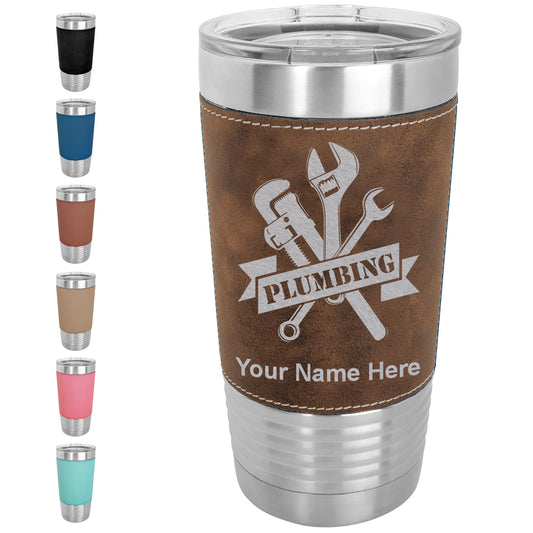 20oz Faux Leather Tumbler Mug, Plumbing, Personalized Engraving Included - LaserGram Custom Engraved Gifts