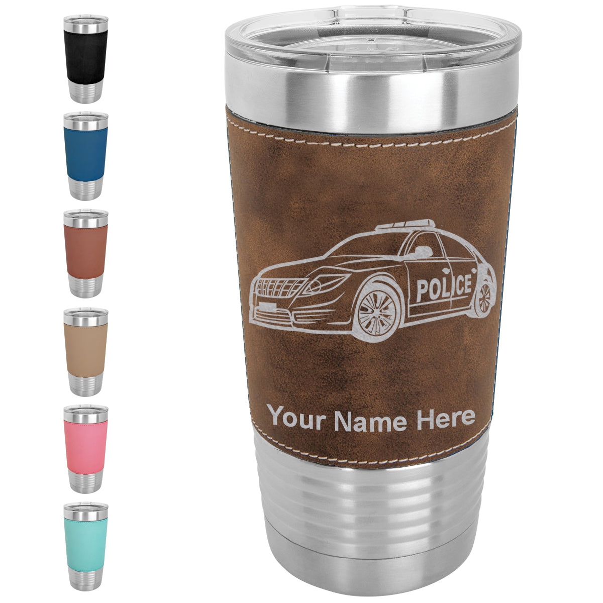 20oz Faux Leather Tumbler Mug, Police Car, Personalized Engraving Included - LaserGram Custom Engraved Gifts