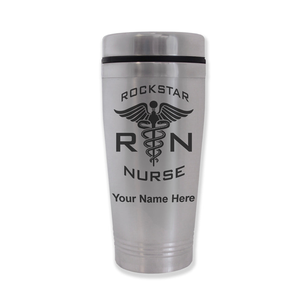 Commuter Travel Mug, RN Rockstar Nurse, Personalized Engraving Included