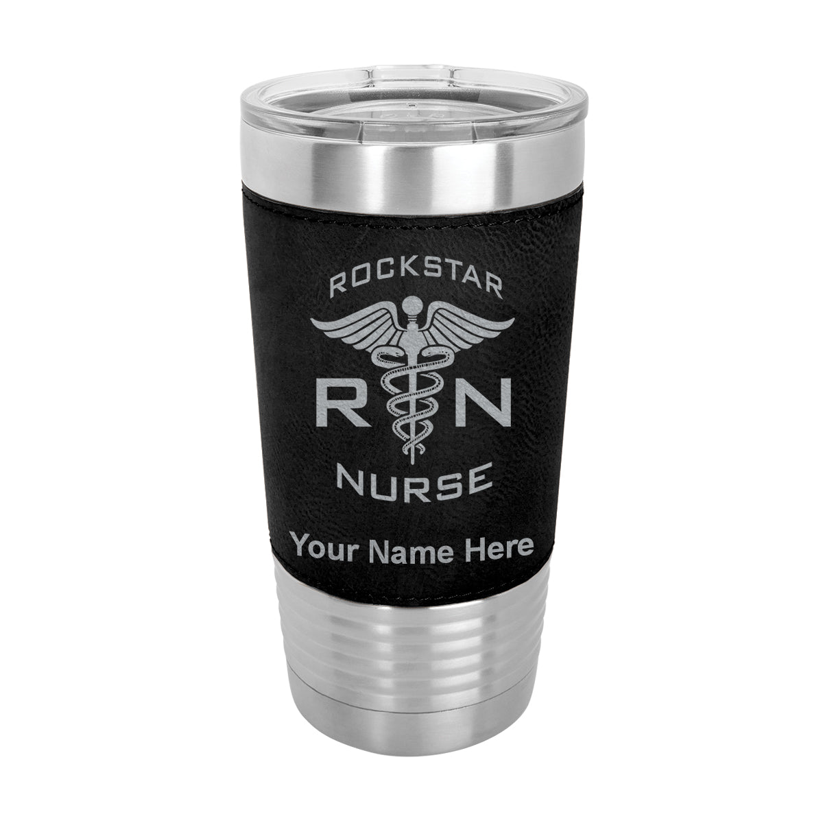 20oz Faux Leather Tumbler Mug, RN Rockstar Nurse, Personalized Engraving Included - LaserGram Custom Engraved Gifts