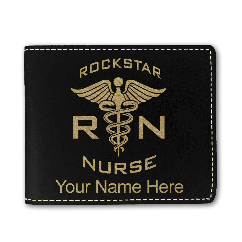 Faux Leather Bi-Fold Wallet, RN Rockstar Nurse, Personalized Engraving Included