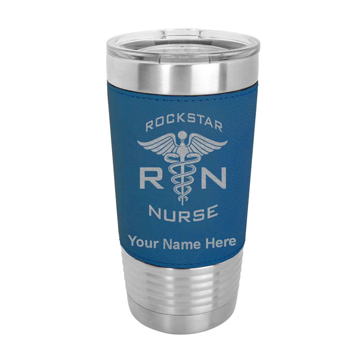 20oz Faux Leather Tumbler Mug, RN Rockstar Nurse, Personalized Engraving Included - LaserGram Custom Engraved Gifts
