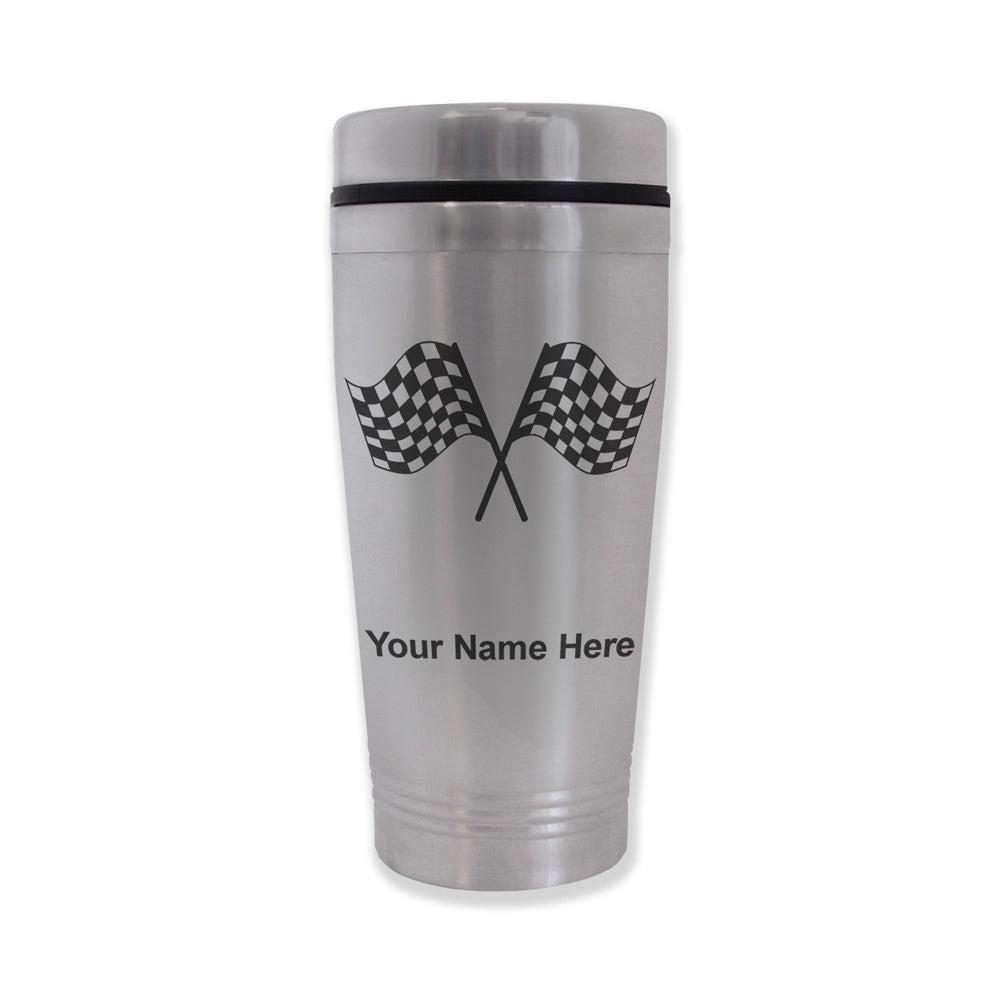Commuter Travel Mug, Racing Flags, Personalized Engraving Included