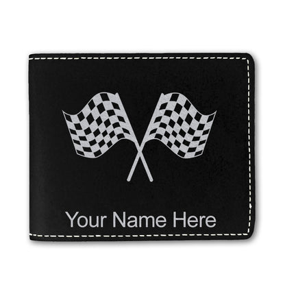 Faux Leather Bi-Fold Wallet, Racing Flags, Personalized Engraving Included