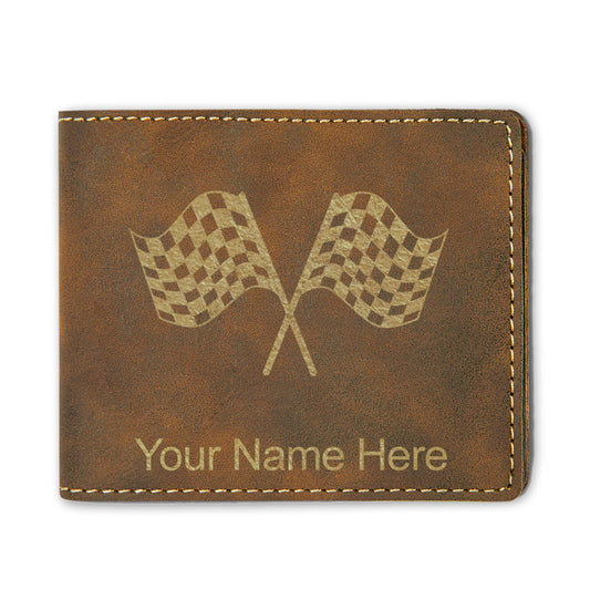 Faux Leather Bi-Fold Wallet, Racing Flags, Personalized Engraving Included