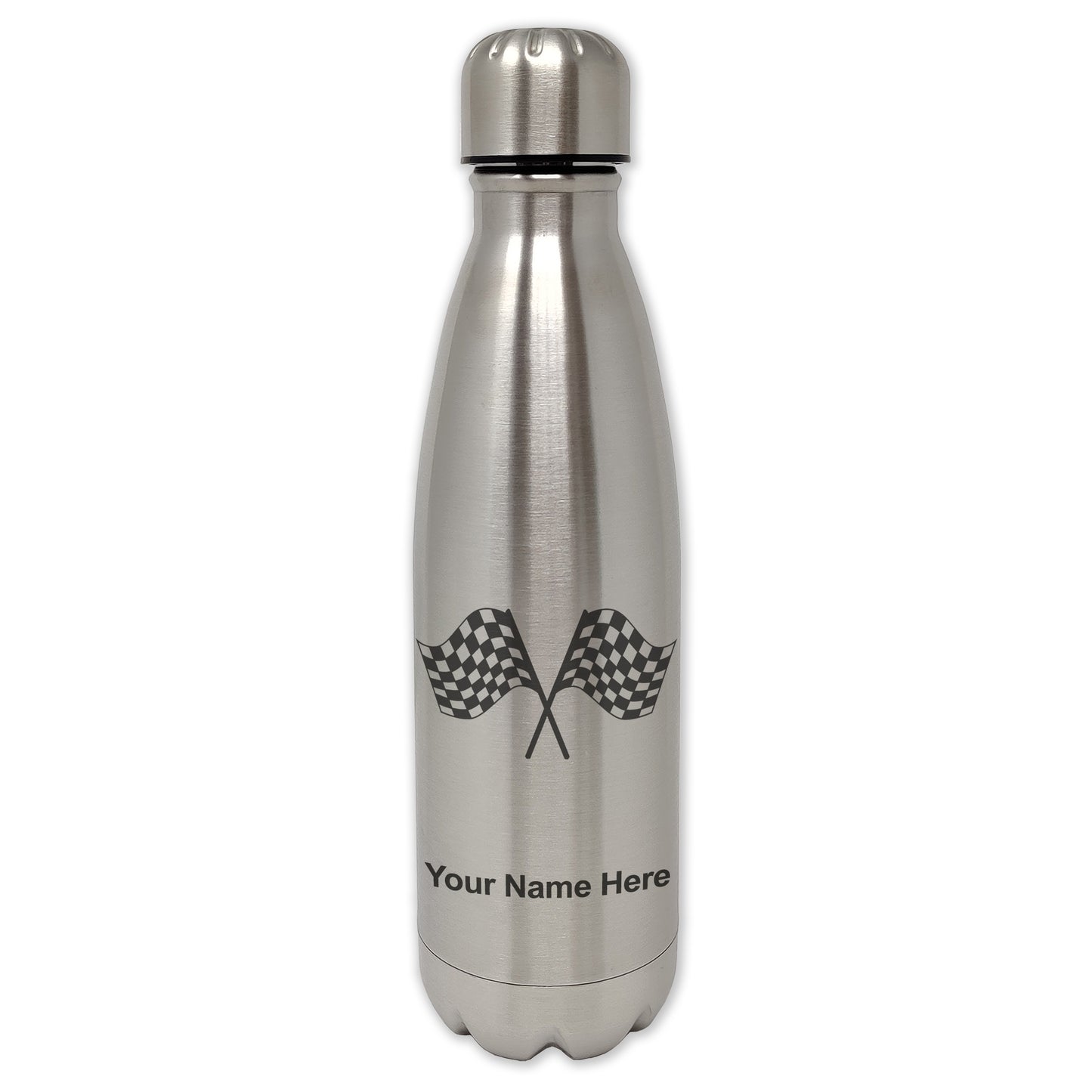 LaserGram Single Wall Water Bottle, Racing Flags, Personalized Engraving Included