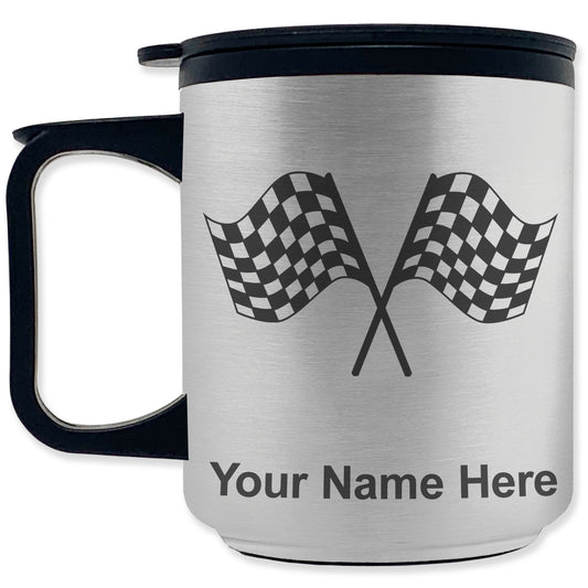 Coffee Travel Mug, Racing Flags, Personalized Engraving Included
