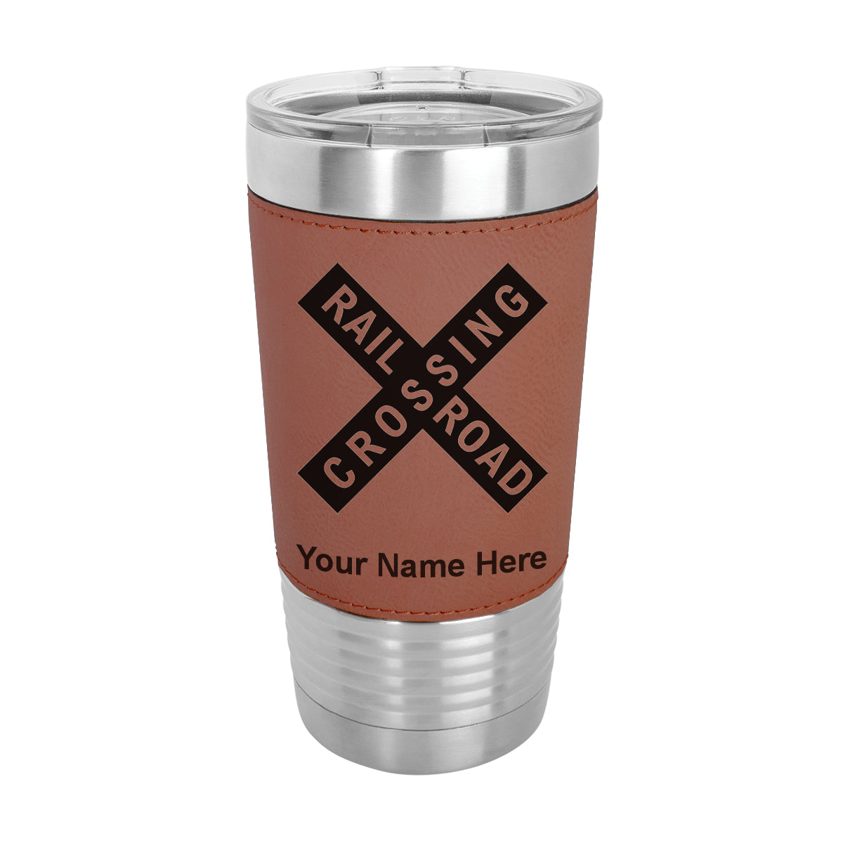 20oz Faux Leather Tumbler Mug, Railroad Crossing Sign 1, Personalized Engraving Included - LaserGram Custom Engraved Gifts