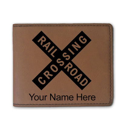 Faux Leather Bi-Fold Wallet, Railroad Crossing Sign 1, Personalized Engraving Included