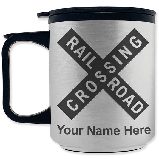 Coffee Travel Mug, Railroad Crossing Sign 1, Personalized Engraving Included