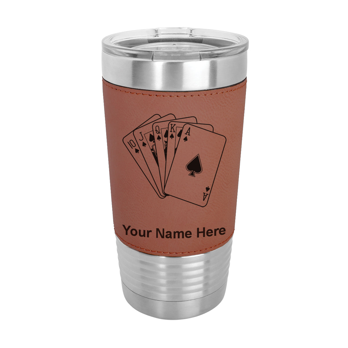 20oz Faux Leather Tumbler Mug, Royal Flush Poker Cards, Personalized Engraving Included - LaserGram Custom Engraved Gifts