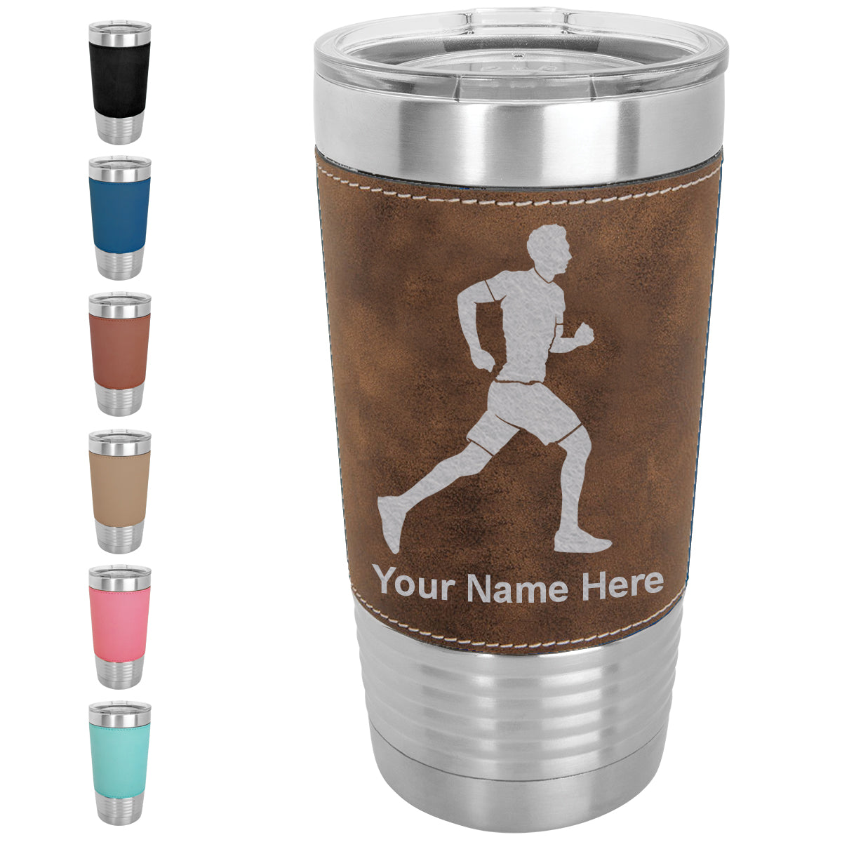 20oz Faux Leather Tumbler Mug, Running Man, Personalized Engraving Included - LaserGram Custom Engraved Gifts