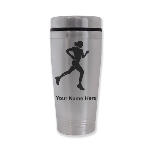 Commuter Travel Mug, Running Woman, Personalized Engraving Included