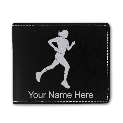 Faux Leather Bi-Fold Wallet, Running Woman, Personalized Engraving Included