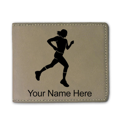 Faux Leather Bi-Fold Wallet, Running Woman, Personalized Engraving Included