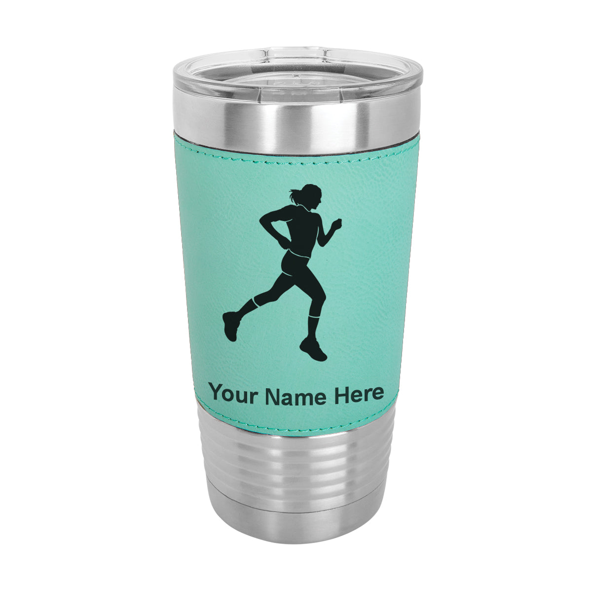 20oz Faux Leather Tumbler Mug, Running Woman, Personalized Engraving Included - LaserGram Custom Engraved Gifts