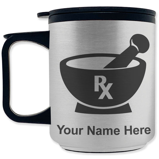 Coffee Travel Mug, Rx Pharmacy Symbol, Personalized Engraving Included