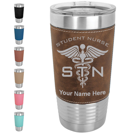 20oz Faux Leather Tumbler Mug, STN Student Nurse, Personalized Engraving Included